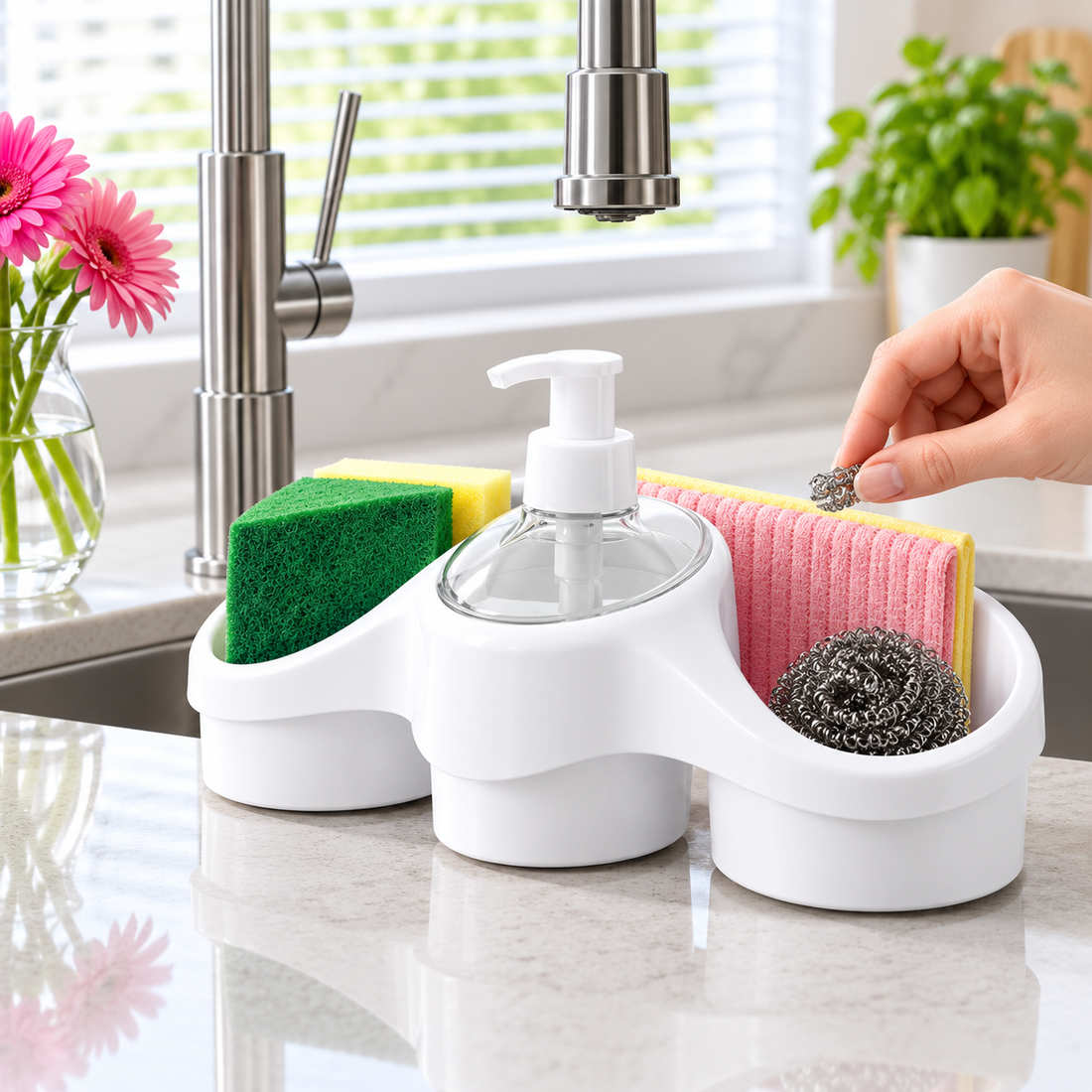 3 In 1 Soap Dispenser And Sponge Holder Kitchen Kit